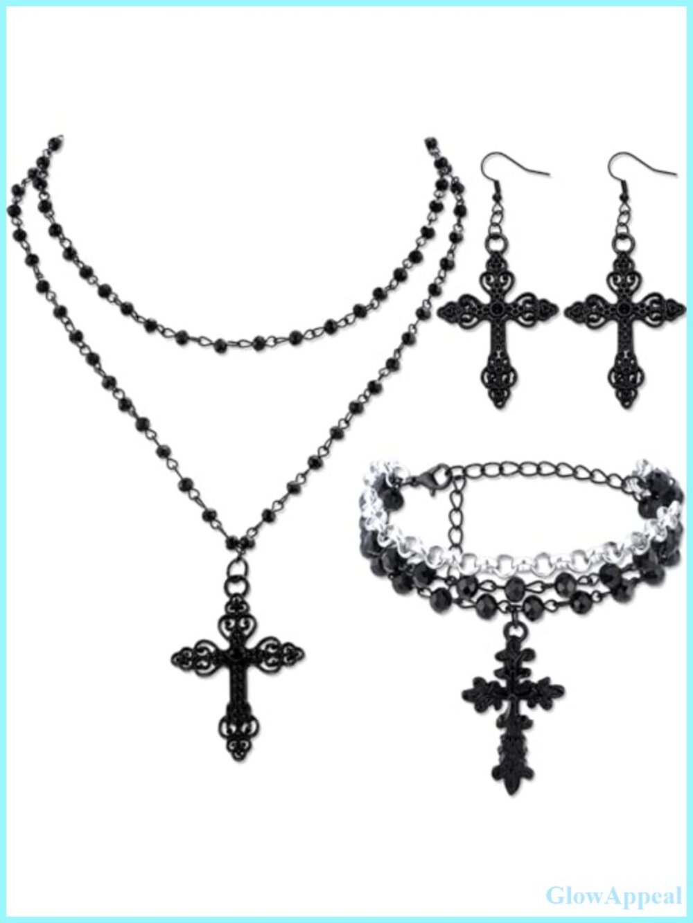 Gothic Cross Jewelry Set Layered Necklace Bracelet Earrings Alloy 3 Pcs